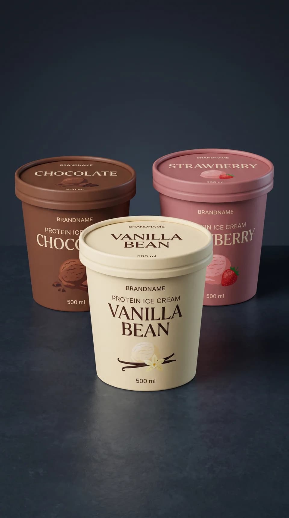 BRANDNAME vanilla, chocolate and strawberry tubs on dark stone