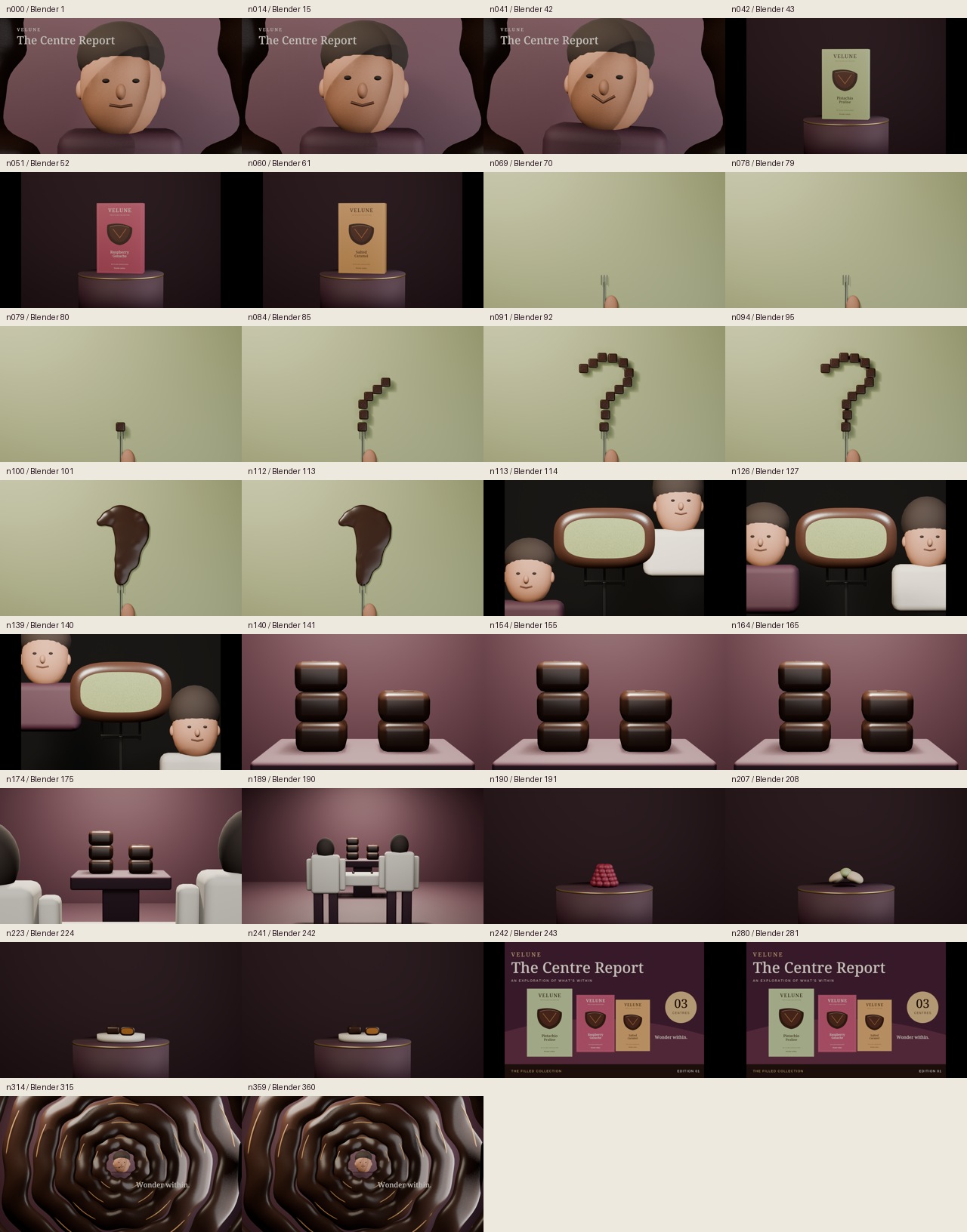 Thirty representative poses from the actual VELUNE Blender camera study, including the question-mark assembly, observer arcs and studio pullback
