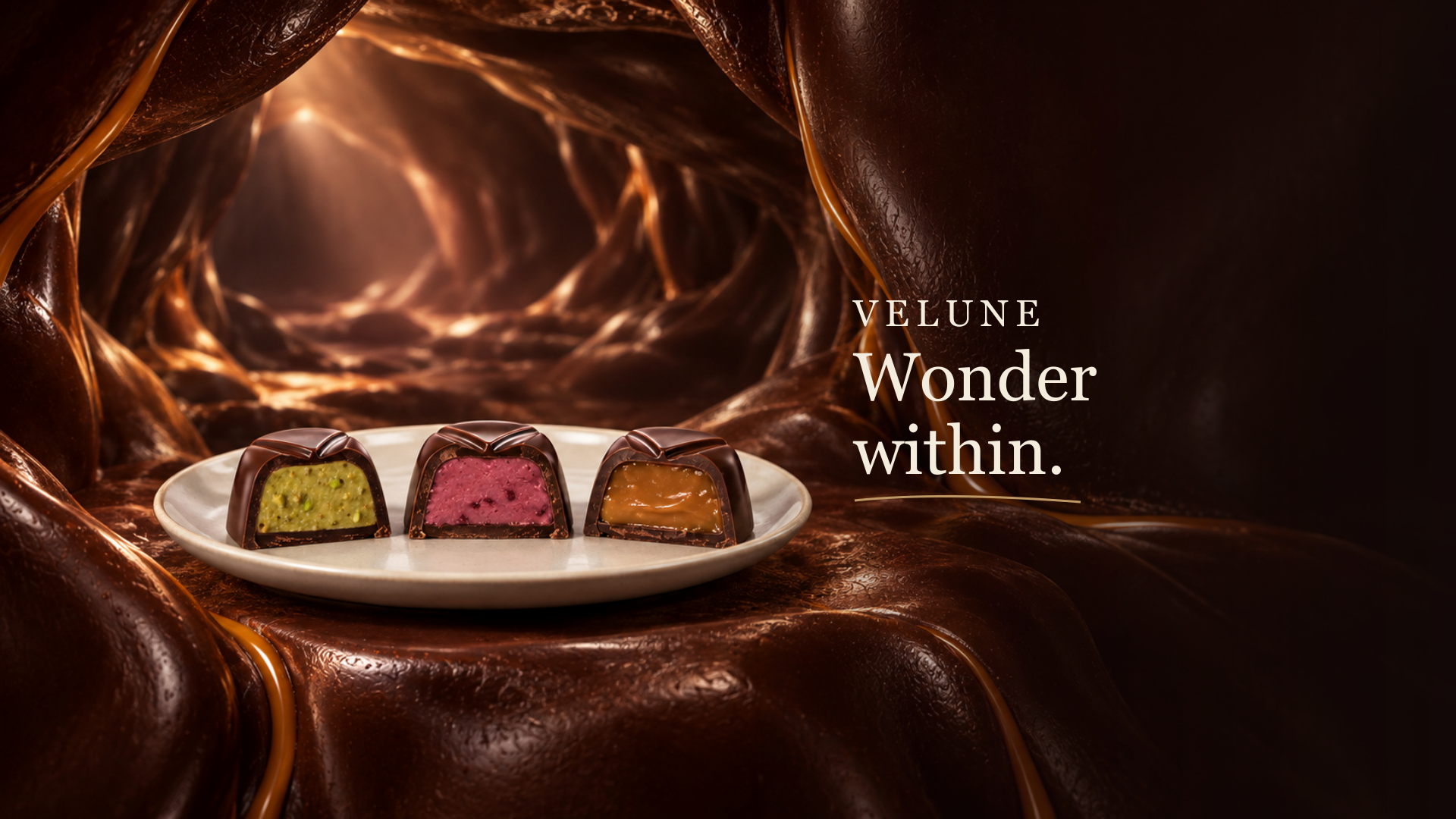 VELUNE campaign still: three filled chocolate centres in a warm chocolate passage, with Wonder within set beside them